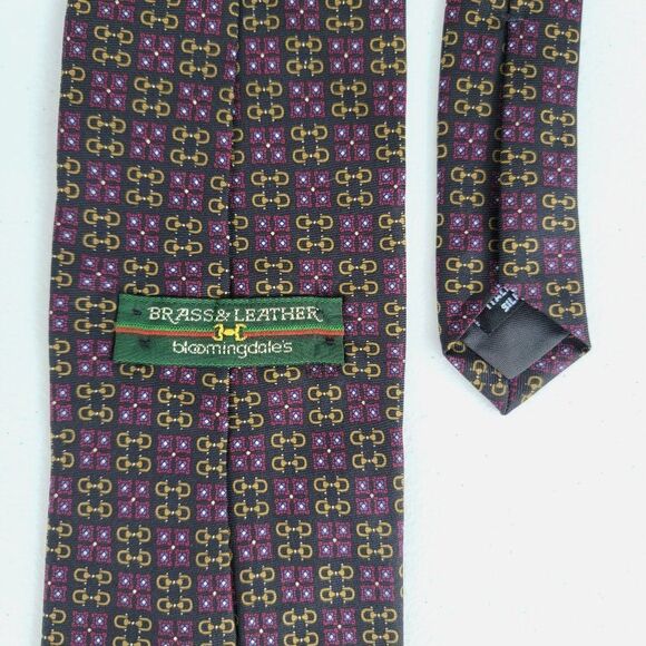 Brass and Leather by Bloomingdales 100% Silk Necktie Red Gold Geometric Shapes - Picture 4 of 5